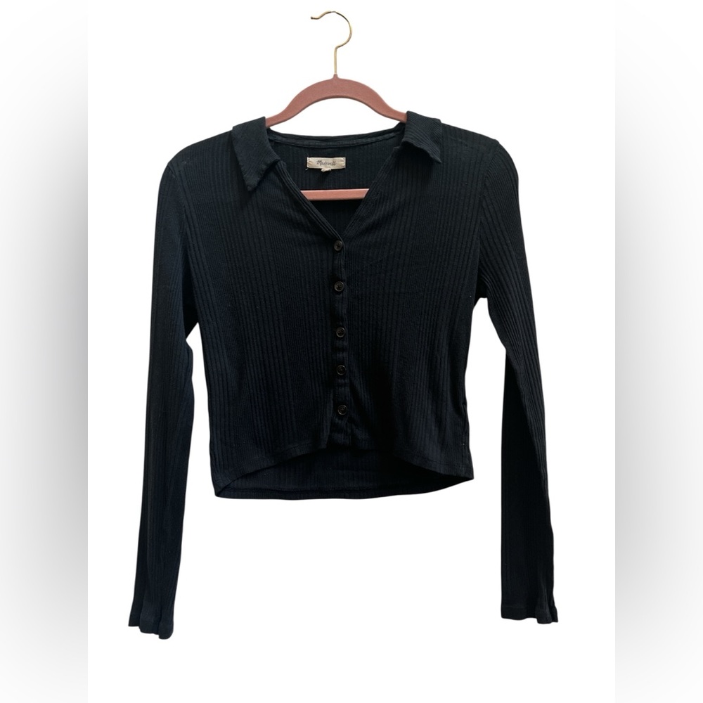 Madewell Black Ribbed Cropped Button Cardigan Top Fitted Y2K Balletcore L